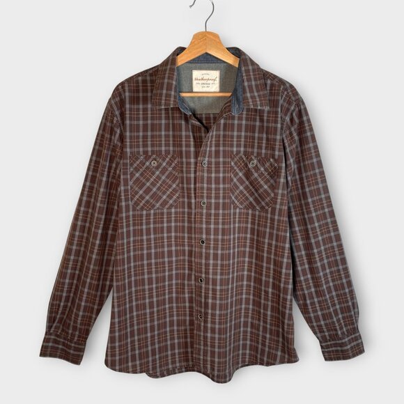 Weatherproof Vintage Button Down Shirt Mens LARGE Brown Plaid Hiking Casual - Picture 1 of 7